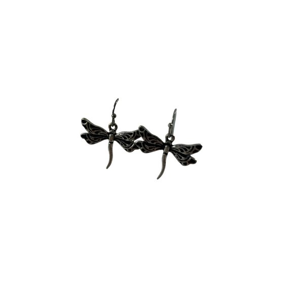 Silver Tone Dragon Fly Dangle Earrings Textured Nature Hooks 1" - Picture 2 of 7
